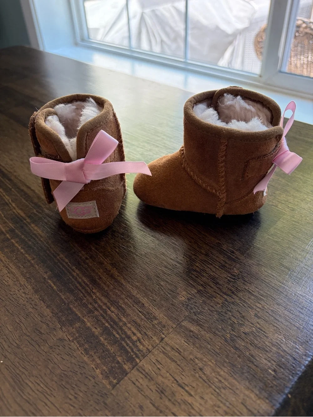 UGG Infant Brown Suede Booties with Pink Ribbon Bows